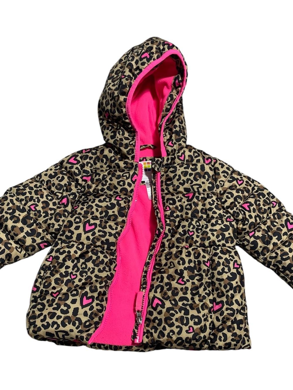 Girls Leopard Print Puffer Jacket with Hot Pink Lining